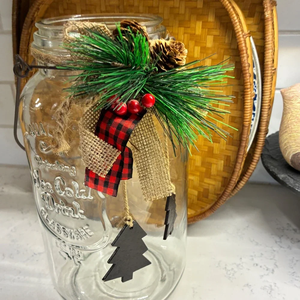 Lg Glass Decorative Jar Rustic Xmas Farmhouse Country Winter Cottage Primitive